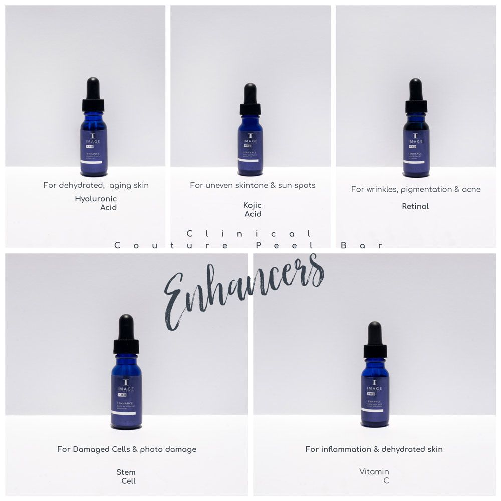 Five blue dropper bottles labeled for different skin concerns, promoting a skincare product line.