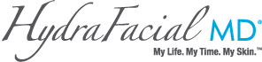 HydraFacial MD logo: gray text with blue 