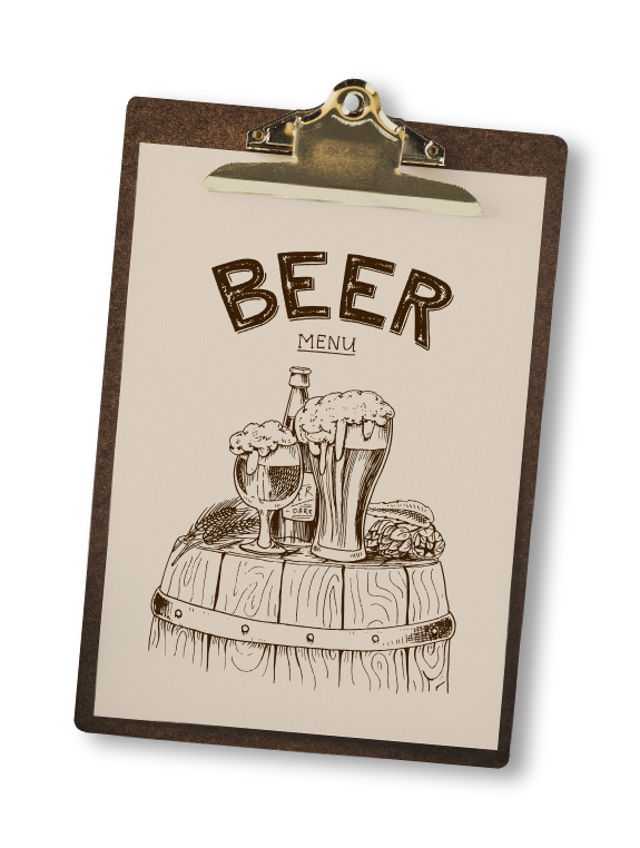Beer menu on a clipboard, with a barrel and beer glasses illustrated in brown.