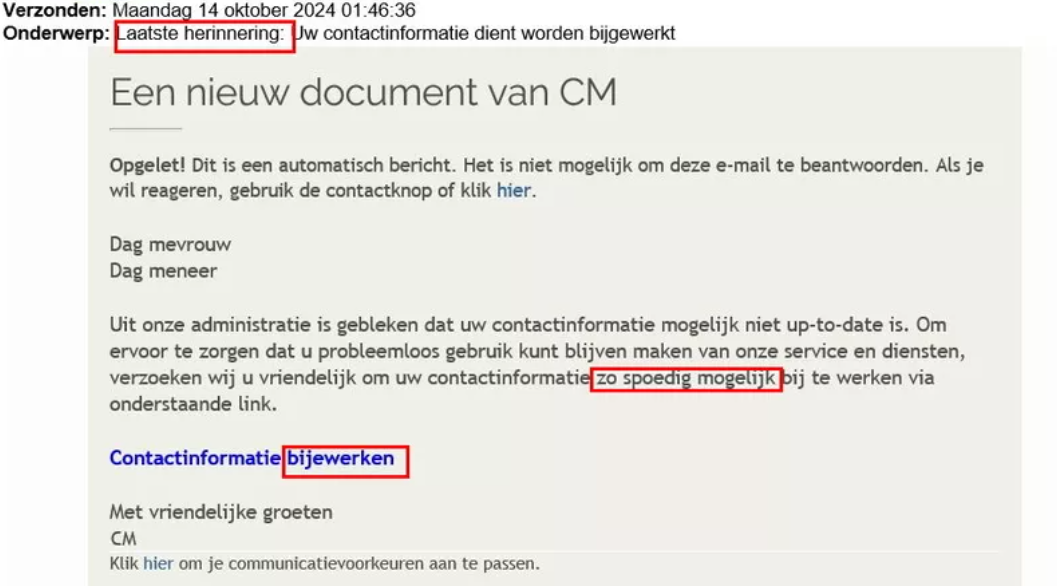 E-mailmelding over een nieuw document van CM, met gemarkeerde links om contactgegevens bij te werken.