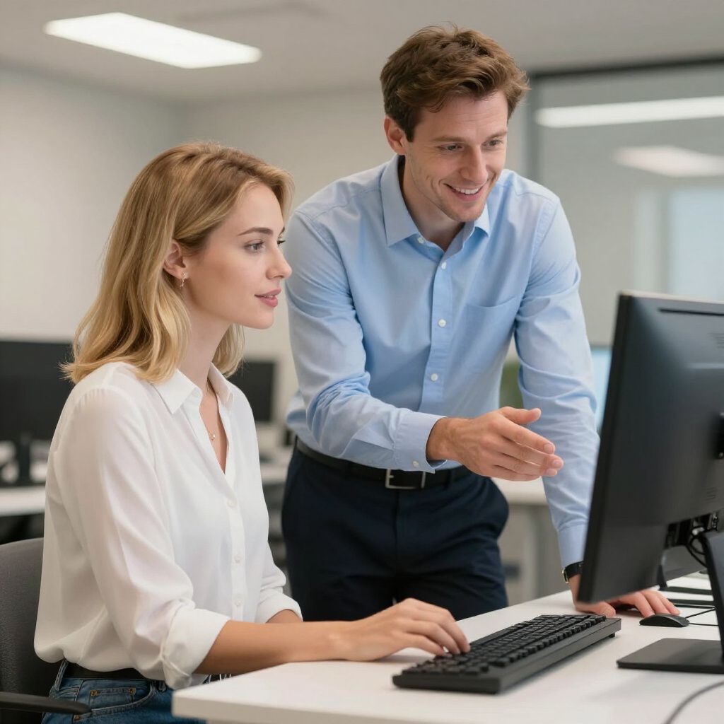 Een vrouw en een man kijken naar een computerscherm en bespreken werk in een kantooromgeving.