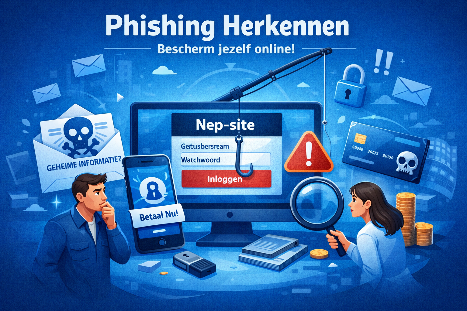 Cartoon over phishing. Computer met nep-inlogpagina, vishaak, persoon met telefoon, bezorgd kijkende mensen.