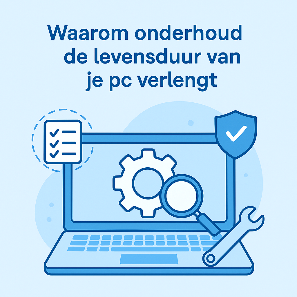 Een laptopcomputer met een vergrootglas en een moersleutel erop.