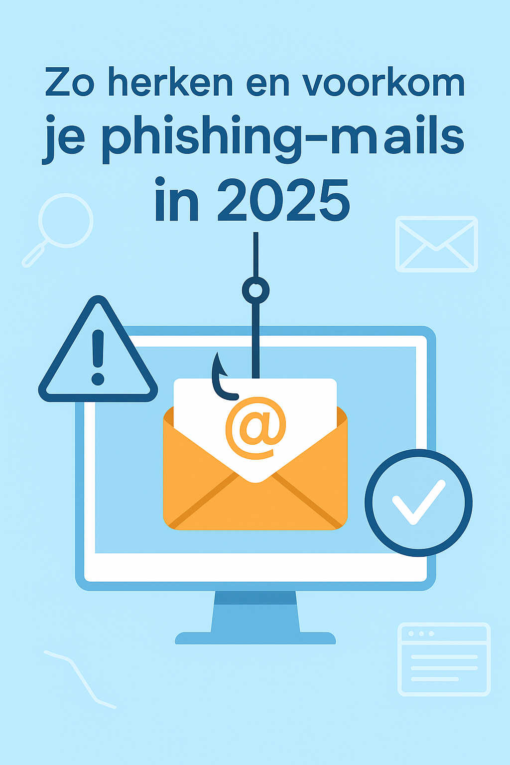 Een computerscherm met daarop een envelop en de tekst zo herken en voorkom je phishing-mails in 2025