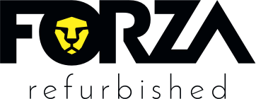 Logo voor Forza Refurbished: Zwarte tekst met een gele leeuwenkop in de