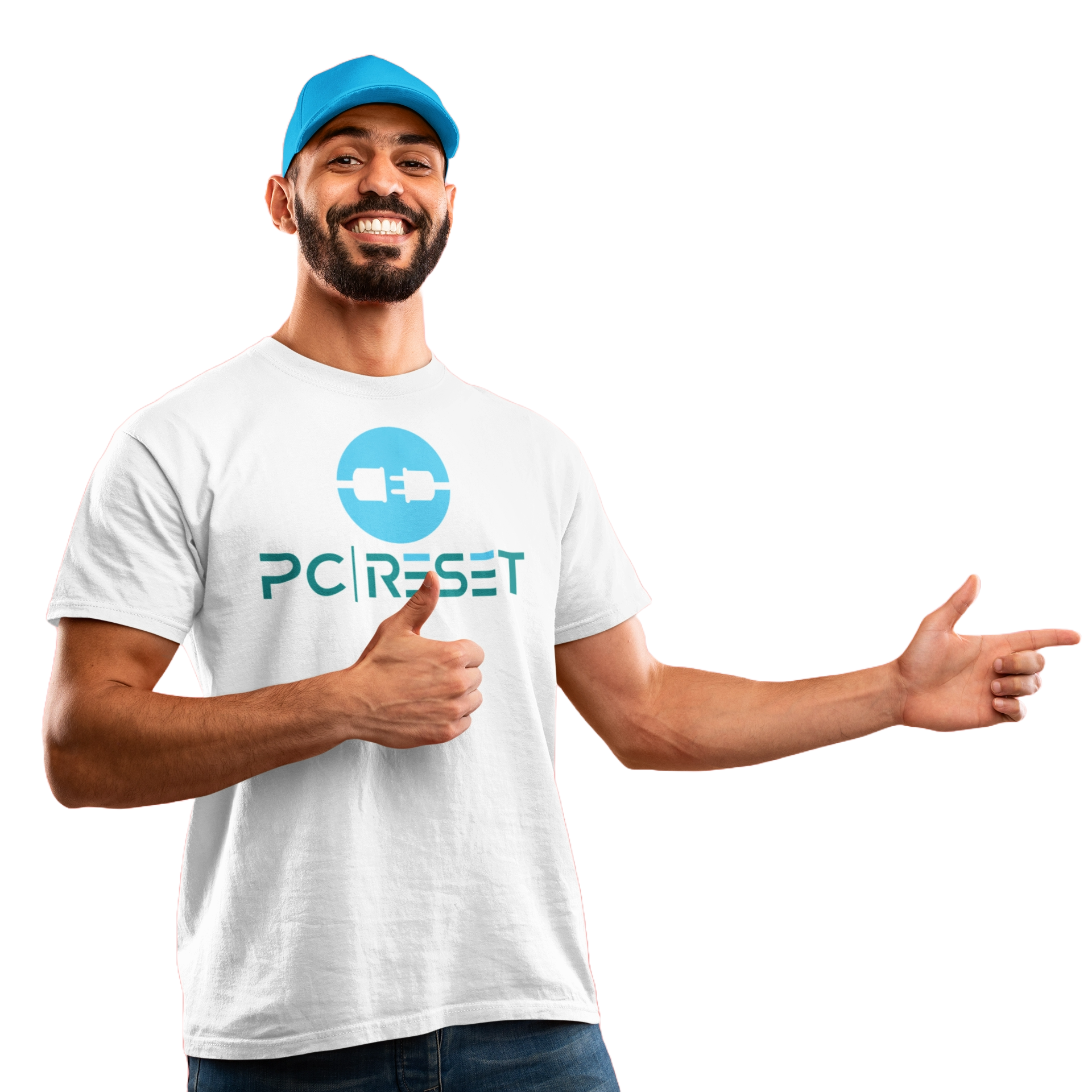een man die een wit t-shirt draagt ​​met het woord pc reset erop steekt zijn duim omhoog en wijst.