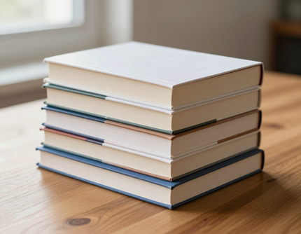 Pilha de livros recém-lançados sobre uma mesa de madeira