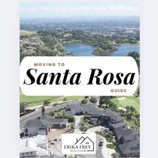Cover for “Moving to Santa Rosa Guide” with aerial city and lake views, and real estate branding at the bottom