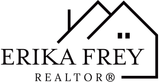 Erika Frey Realtor logo with stylized house rooftops in black and white.