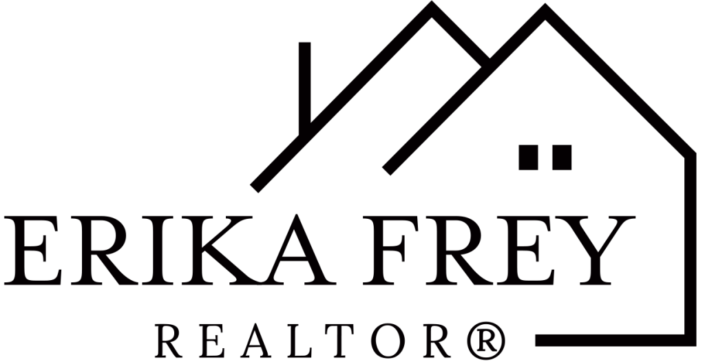 Erika Frey Realtor logo with stylized house rooftops in black and white.