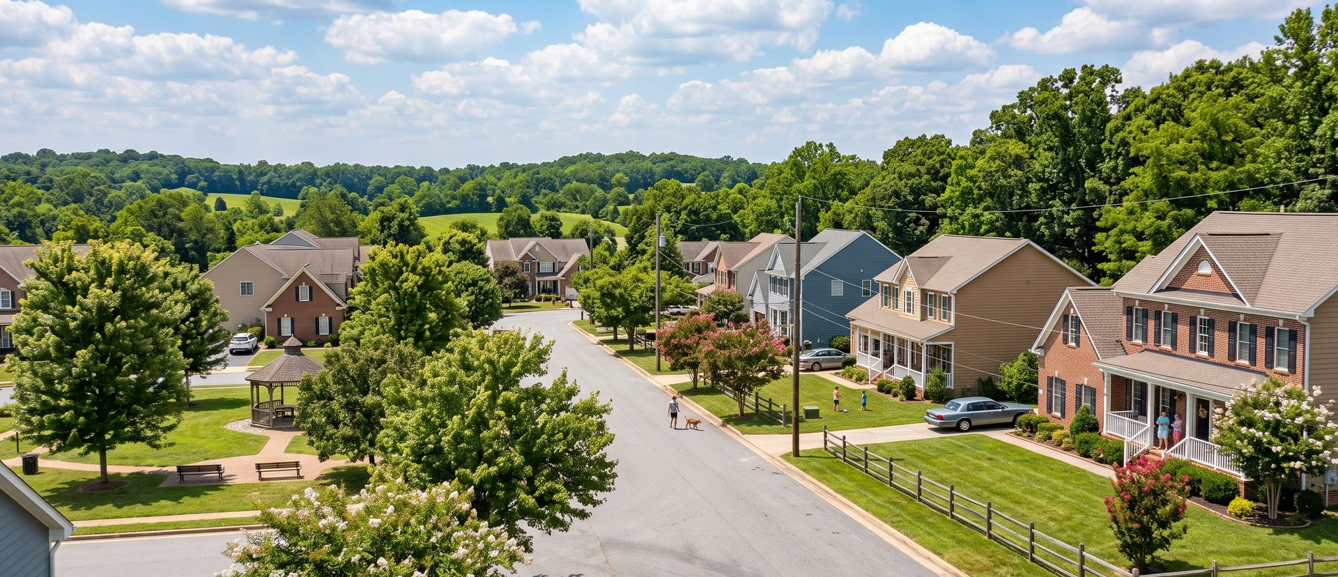 Suburban Prince Frederick neighborhood street with houses, trees, and a bright blue sky with clouds.