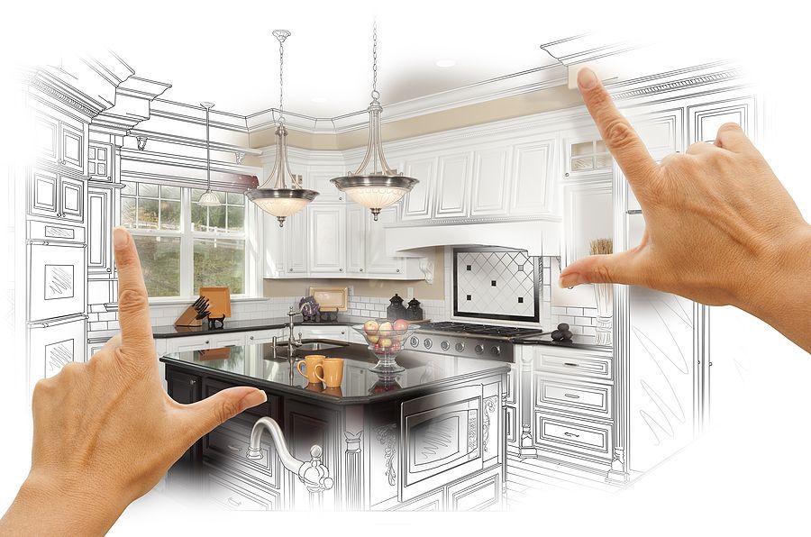 Hands framing a detailed kitchen rendering, transitioning from sketch lines to color.