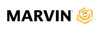 A black and yellow marvin logo on a white background