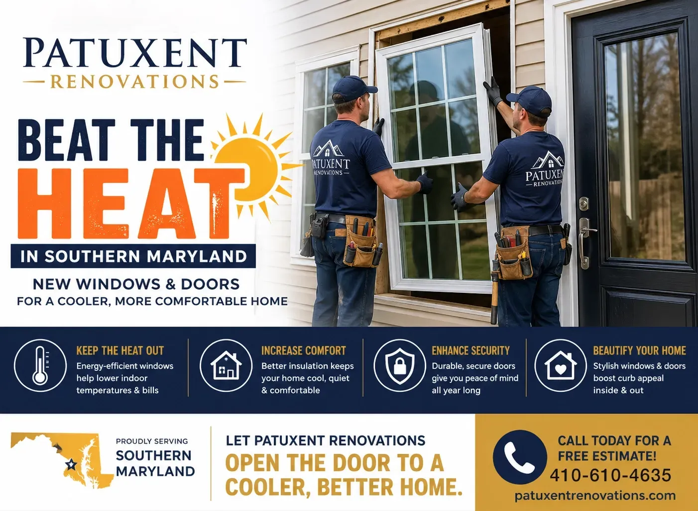Patuxent Renovations ad: two workers install new windows, with bold “Beat the Heat” and phone number.