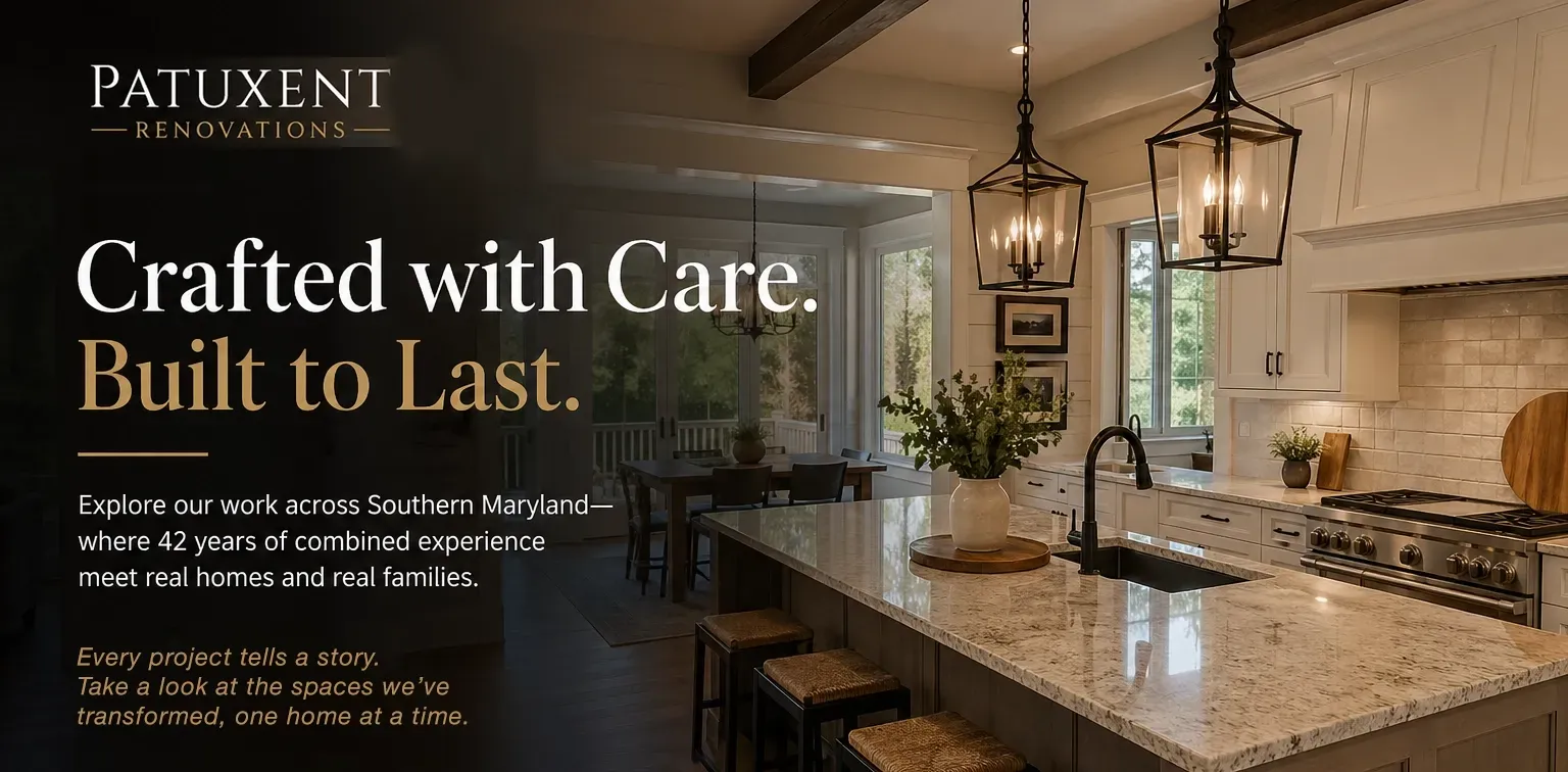 Luxury kitchen with granite island and pendant lights, with “Crafted with Care. Built to Last.” text overlay