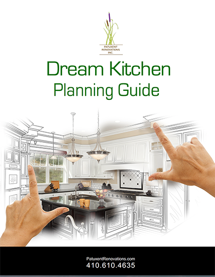 Dream Kitchen Planning Guide cover. Hands frame a sketched kitchen with text and contact info.