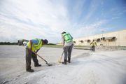 Workers in safety vests leveling concrete with tools outdoors.