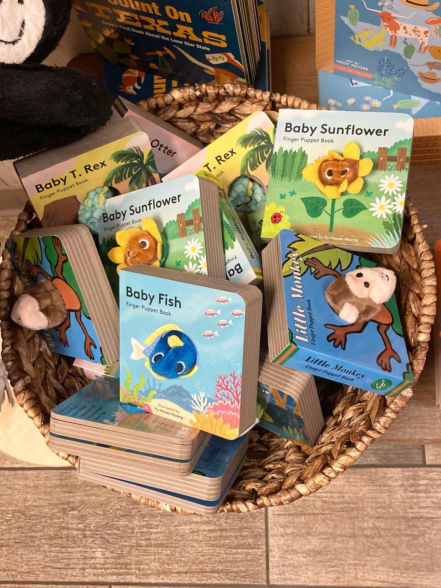Basket of colorful children's books, featuring titles like "Baby Fish" and "Baby Sunflower".