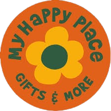 Logo for "My Happy Place Gifts & More," orange circle with yellow flower.