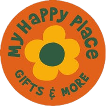 Logo for "My Happy Place Gifts & More," orange circle with yellow flower.