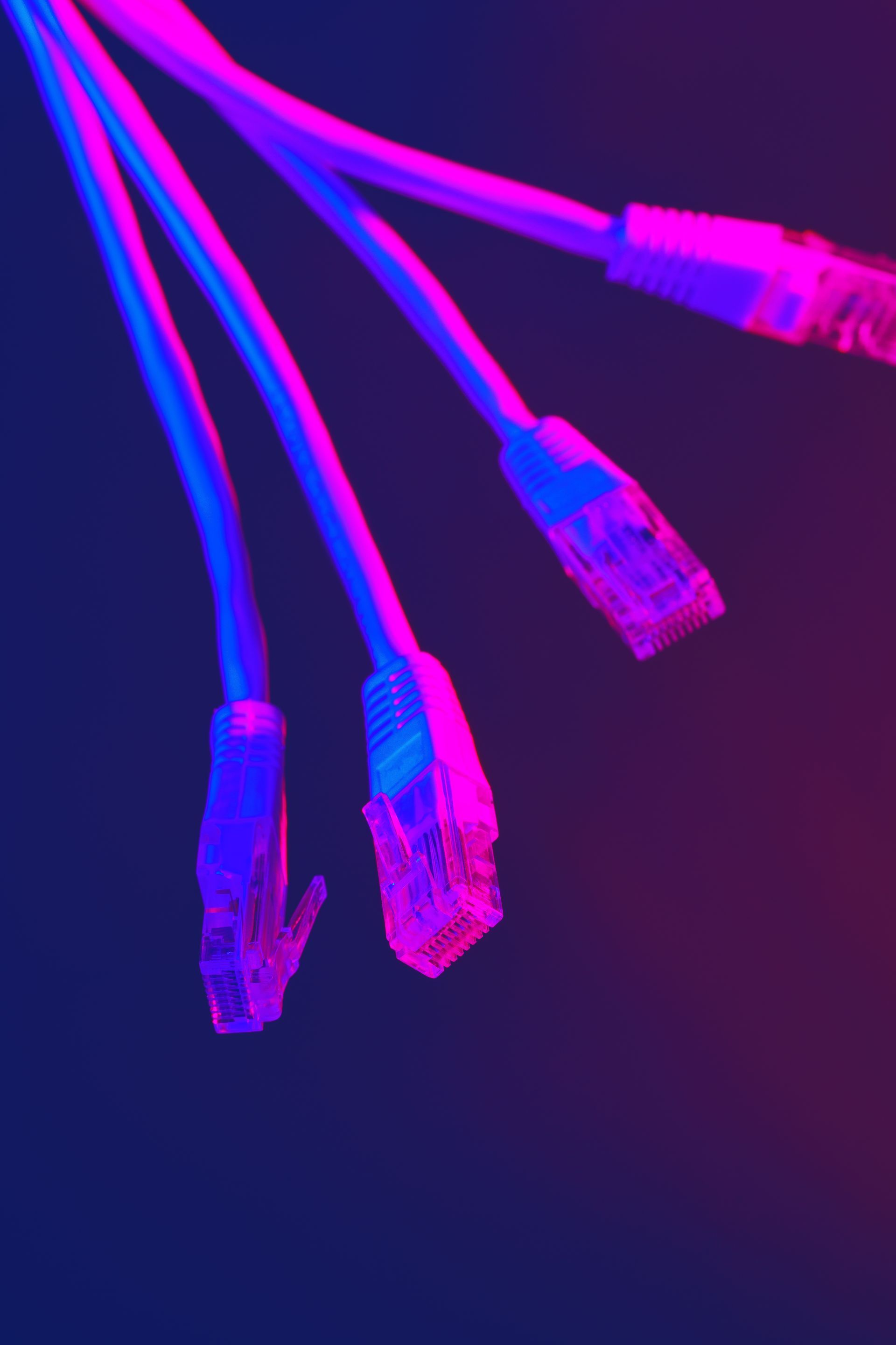 A bunch of ethernet cables are connected to each other on a dark background.