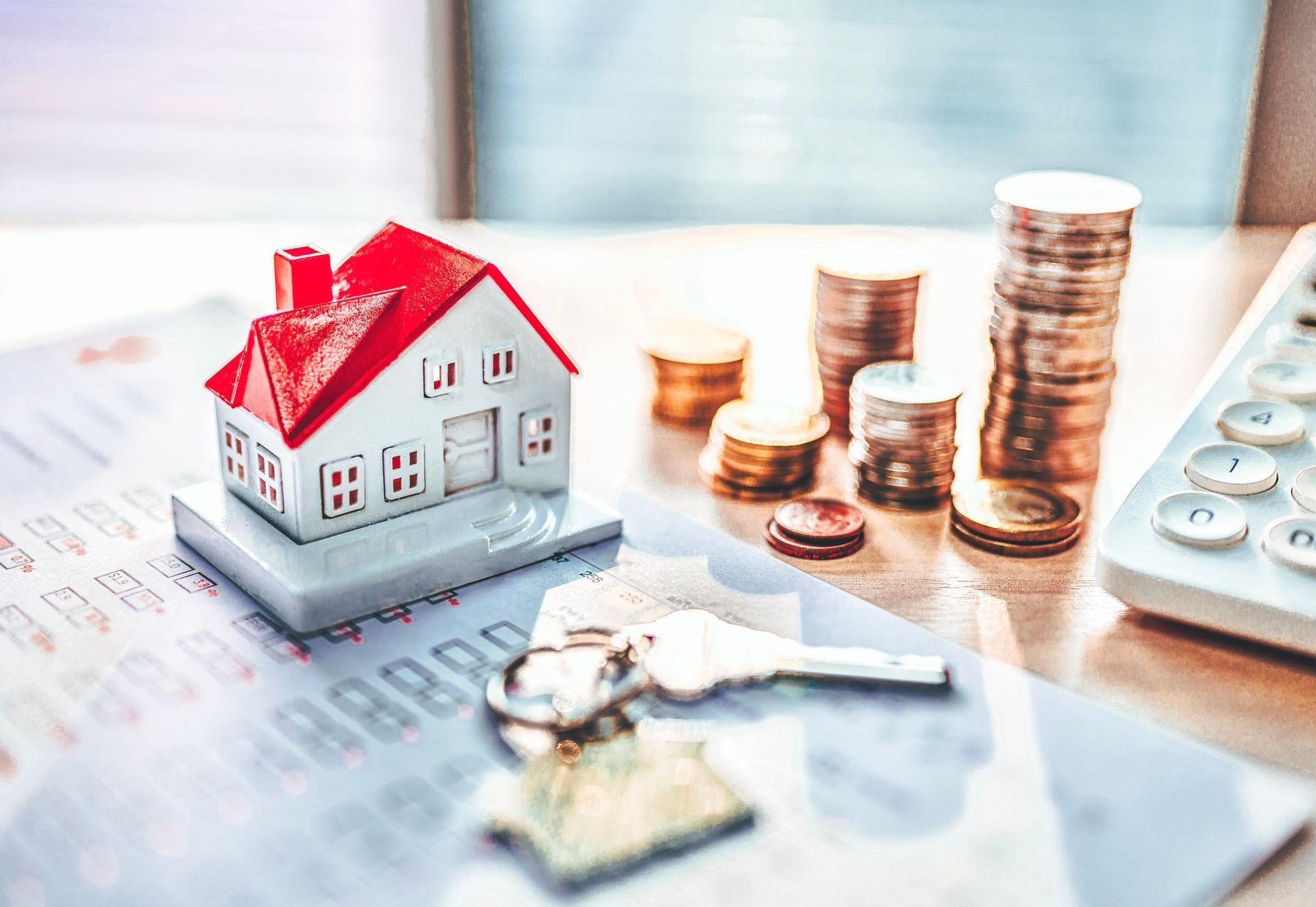 A model house, keys, coins and a calculator are on a table.
