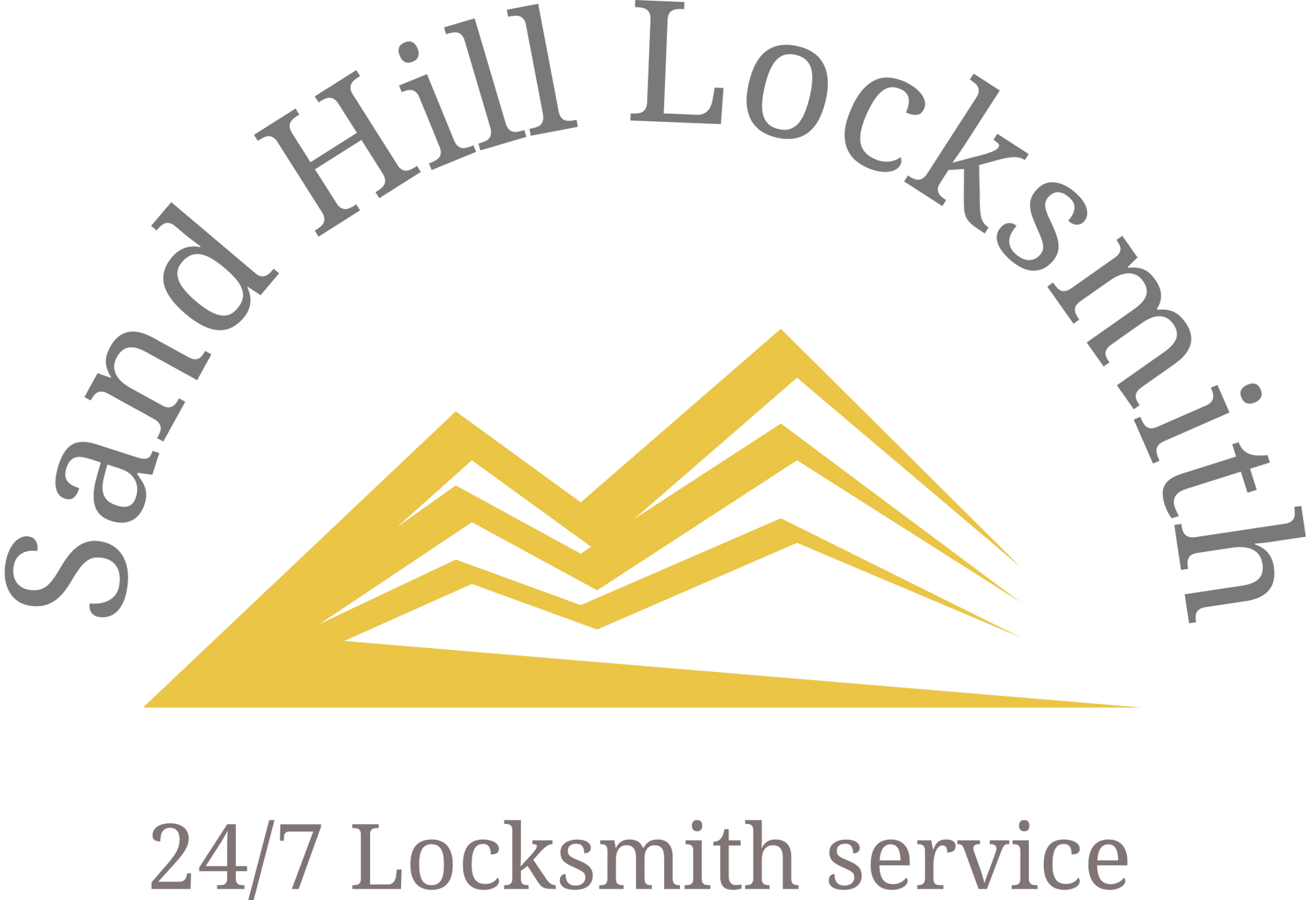 Sand Hill Locksmith logo with gold mountain design and service hours.