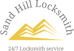 Sand Hill Locksmith logo with gold mountain design and service hours.