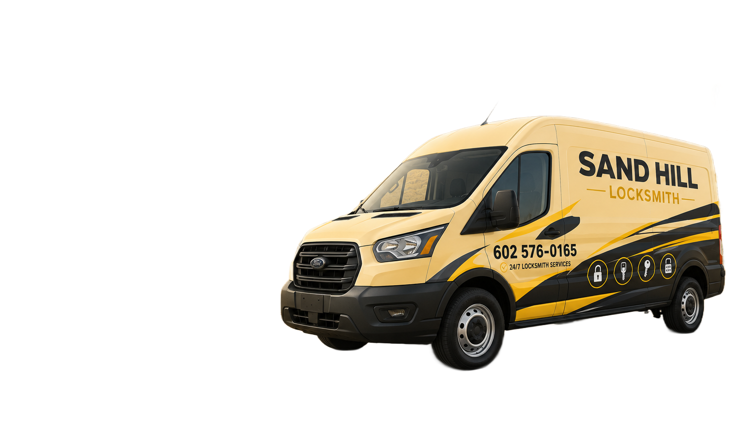 Yellow Sand Hill delivery van with black graphics on a white background