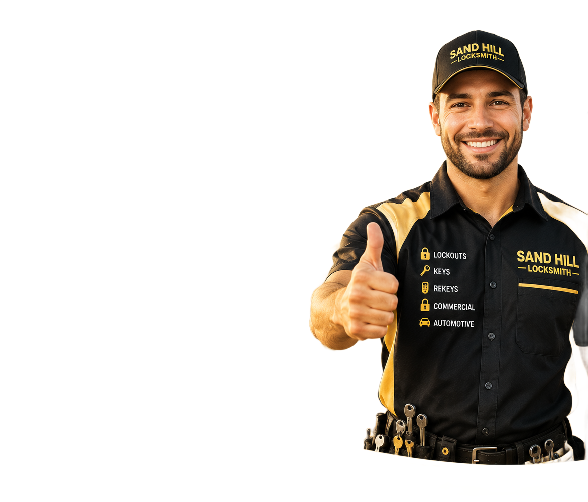 Smiling worker in black-and-gold uniform giving a thumbs-up against a white background