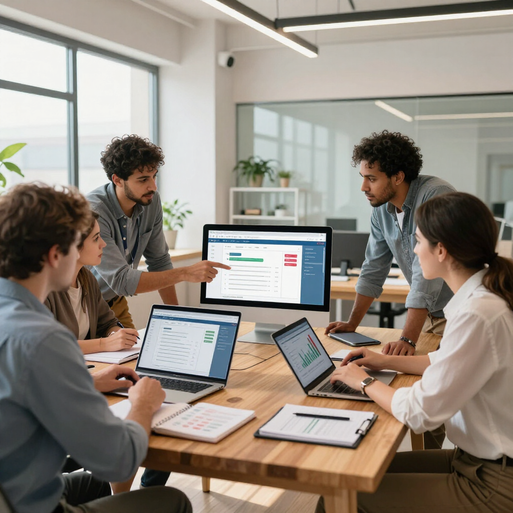 Team meeting around a wooden table with laptops and a shared dashboard in a bright office