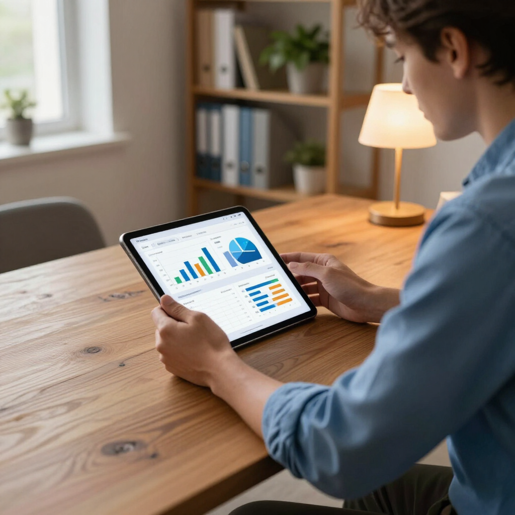 Person using a tablet showing charts at a wooden desk in a bright home office