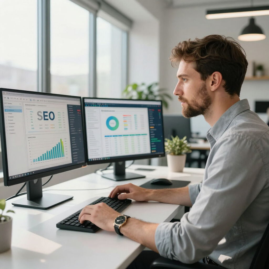 Man analyzing SEO charts on dual monitors at a bright office desk
