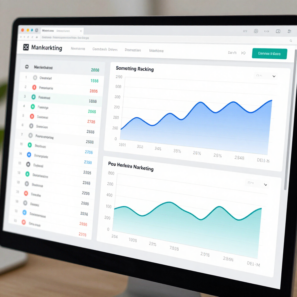 Marketing analytics dashboard with blue and teal line charts on a laptop screen