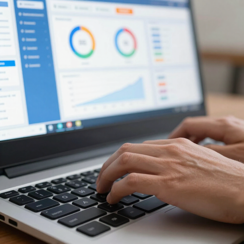 Hands typing on a laptop showing a dashboard with charts and graphs