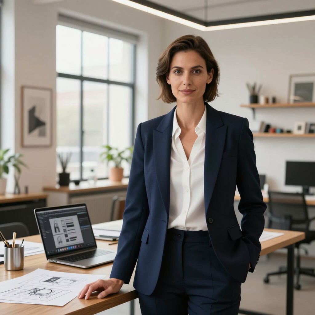 Professional woman standing in a modern office beside a desk with laptop and documents