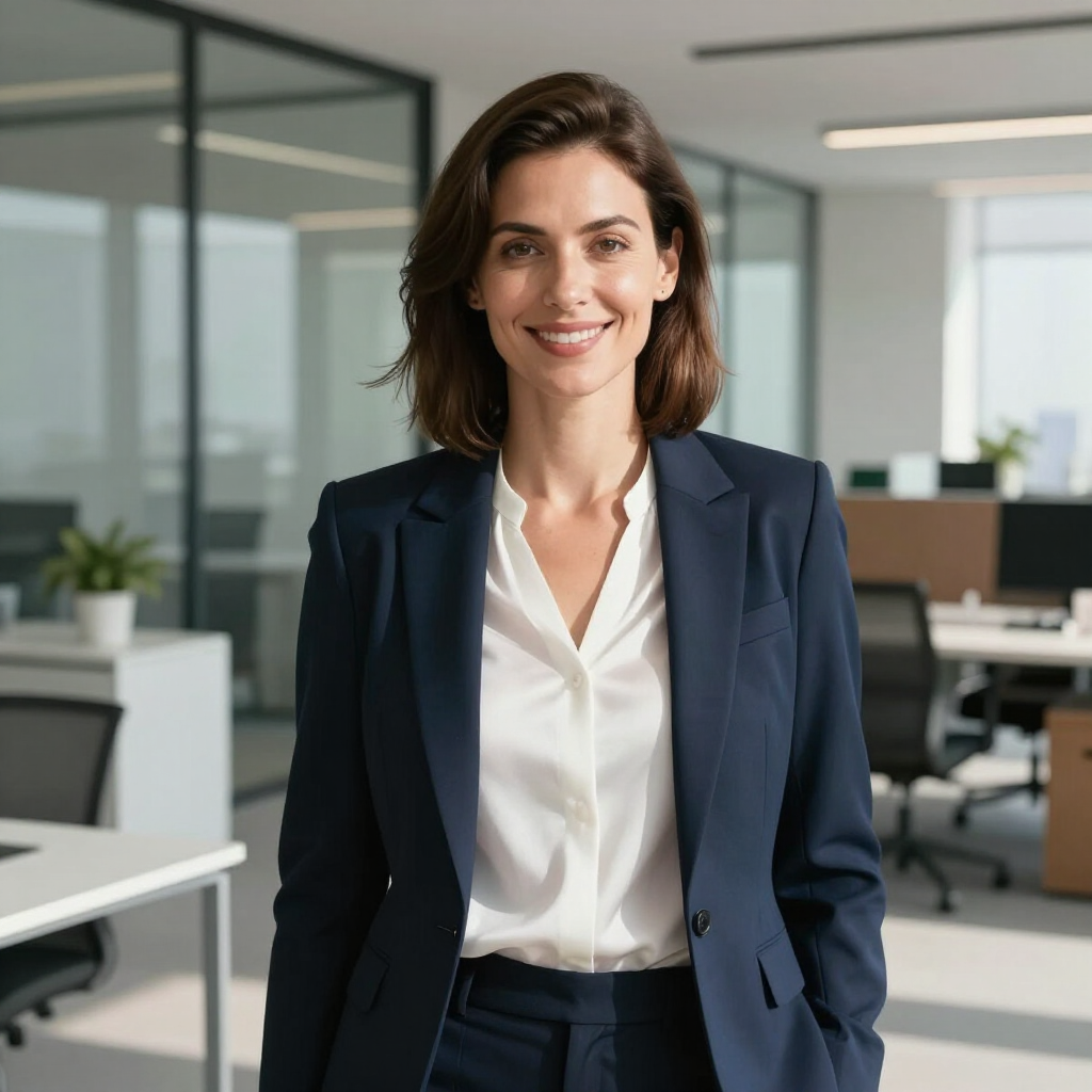 Smiling professional in a navy blazer standing in a modern office.