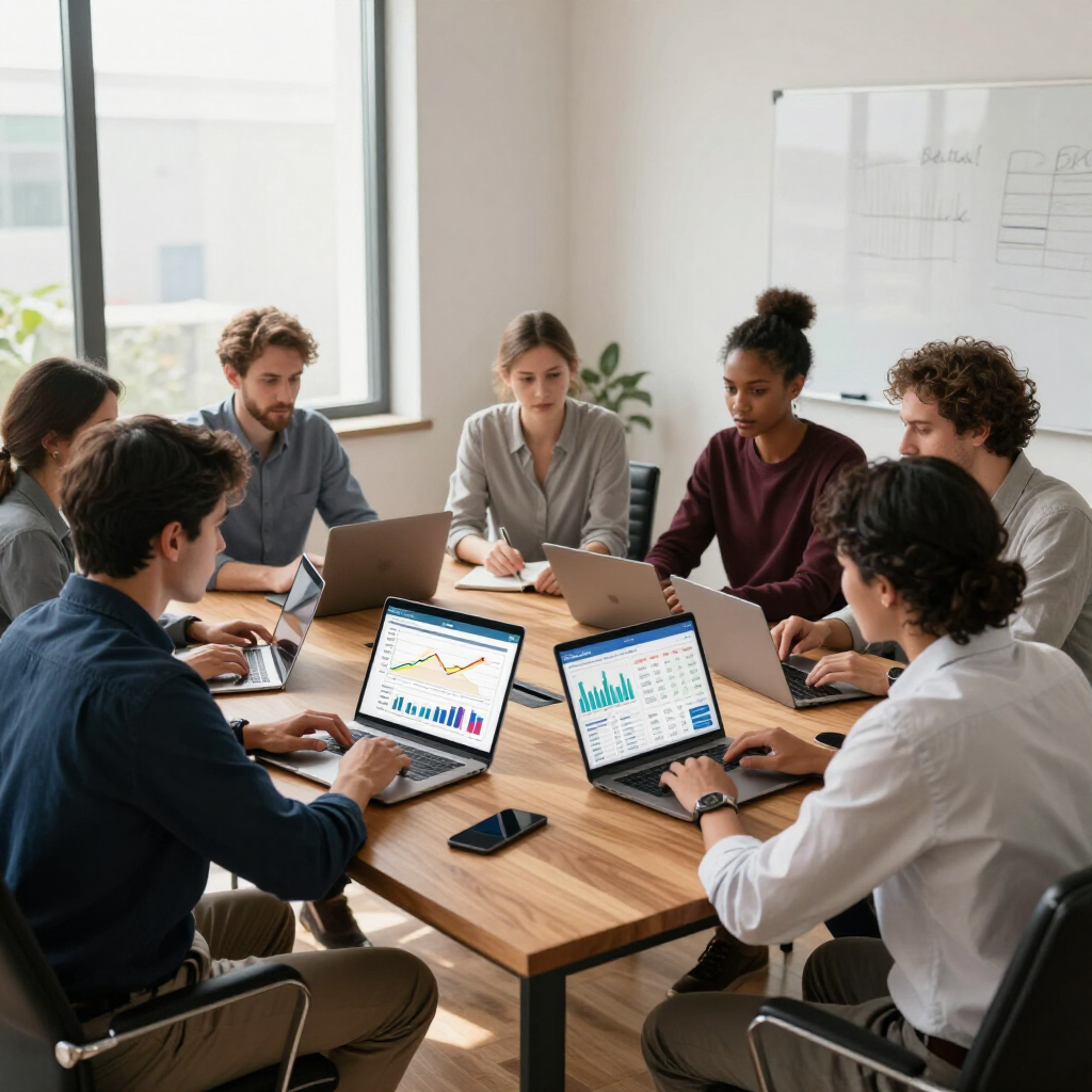 Team meeting around a wooden table with laptops in a bright conference room
