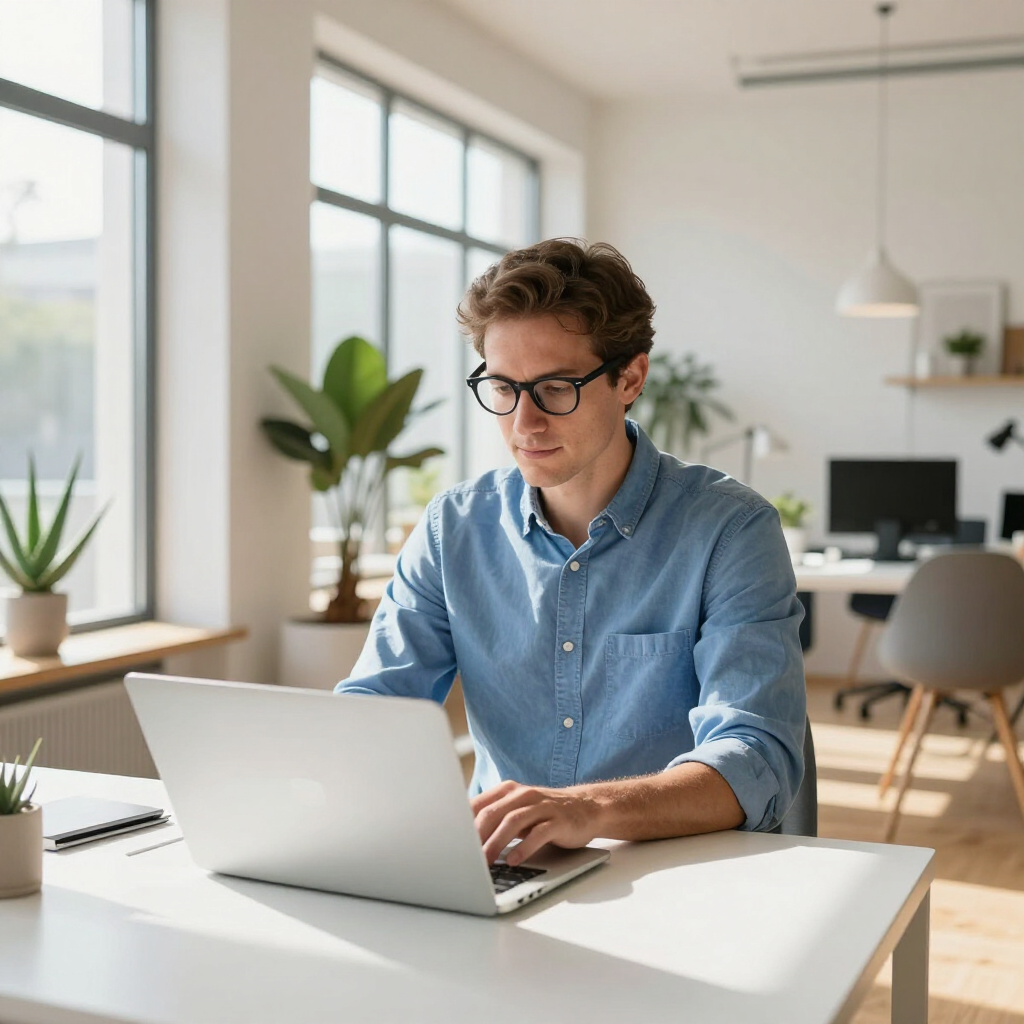 Person working on a laptop at a bright desk in a modern home office