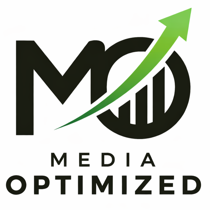 Media Optimized logo with black letters and green upward arrow on white background