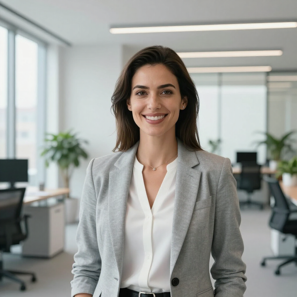 Smiling professional standing in a bright modern office, wearing a gray blazer and white blouse.