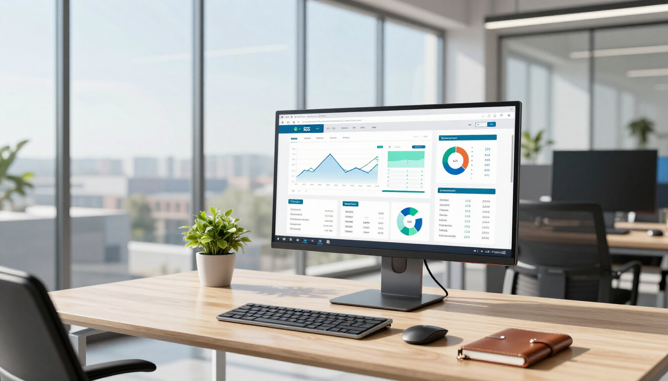 Modern office desk with desktop monitor showing analytics dashboard, keyboard, plant, and notebook by a window.