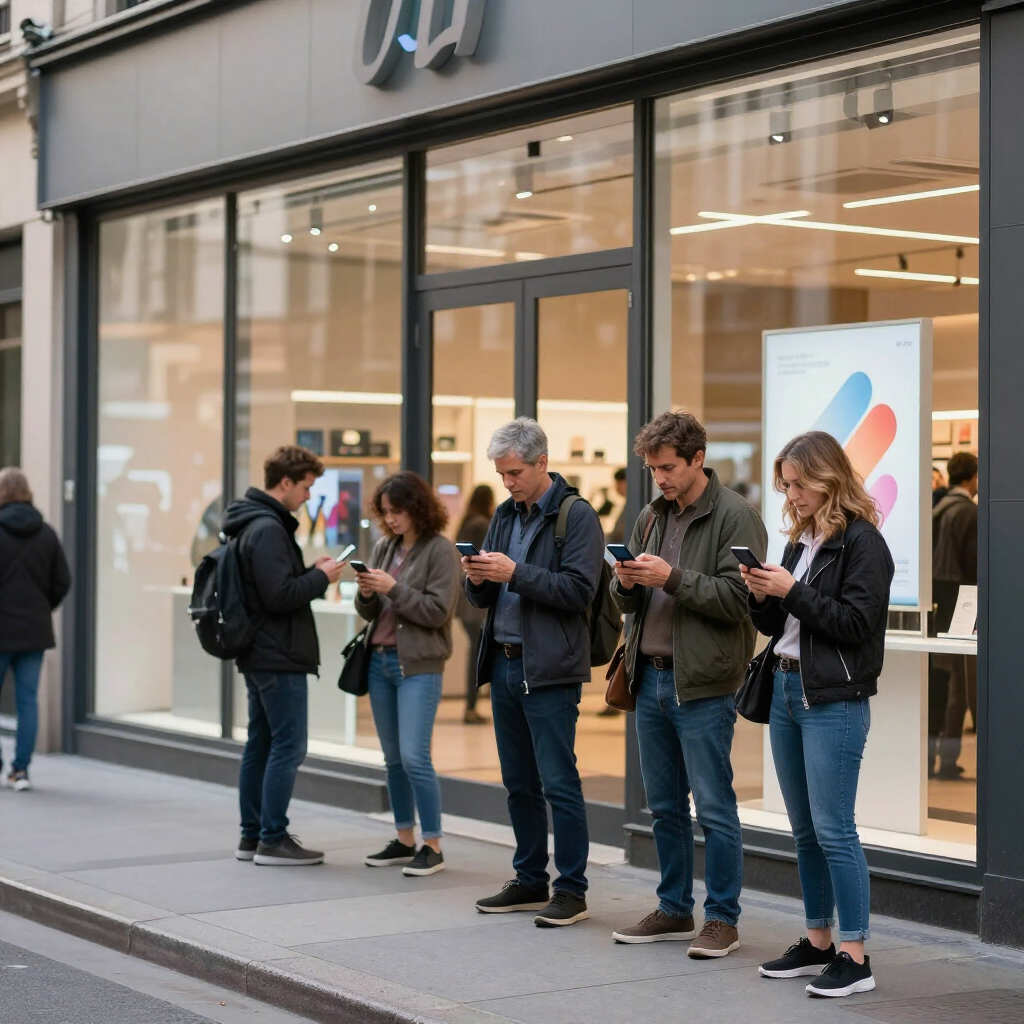 People standing outside a storefront, looking at their phones in front of a glass window.