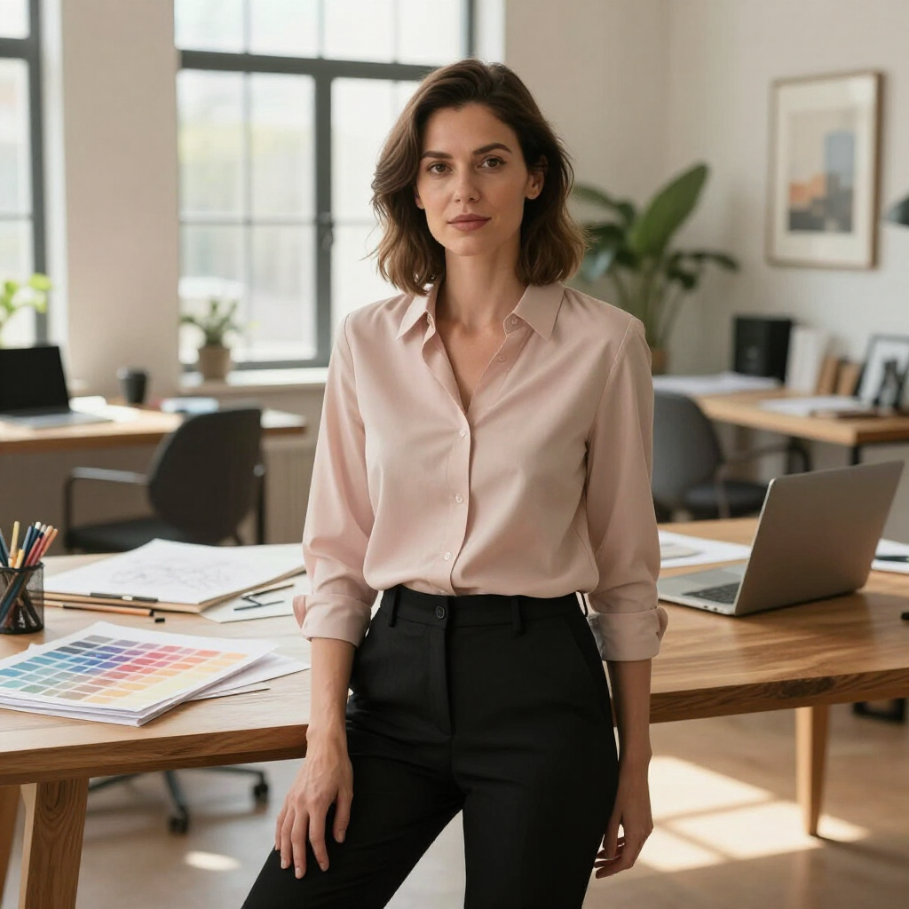 Woman standing in a modern office beside a desk and laptop