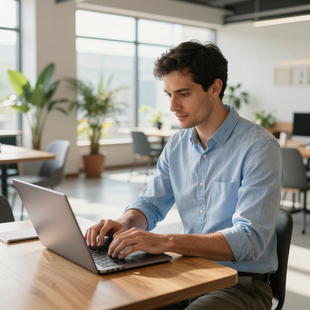 Man typing on a laptop at a wooden table in a bright modern office