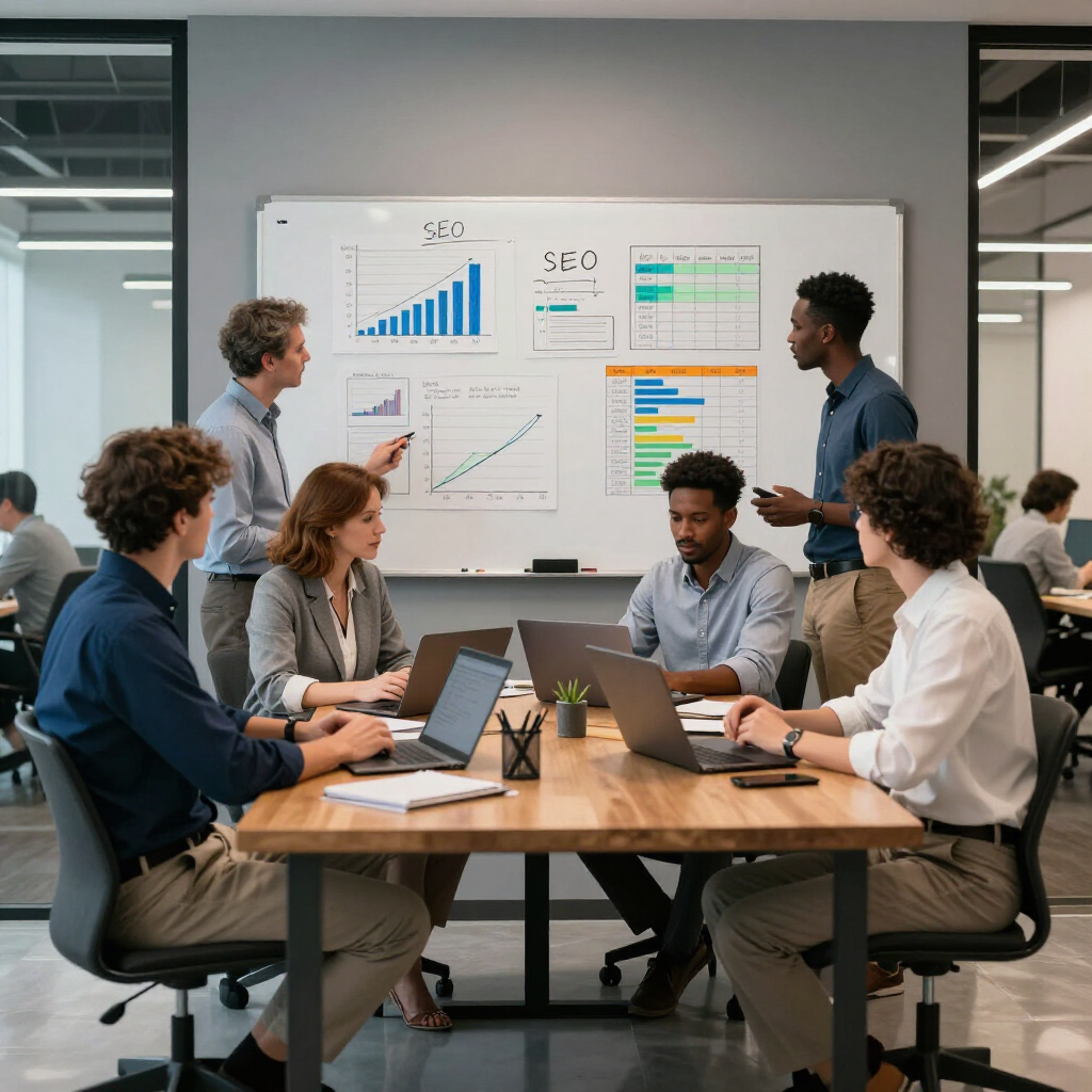 Team meeting in an office with laptops and SEO charts on a whiteboard, one person presenting.