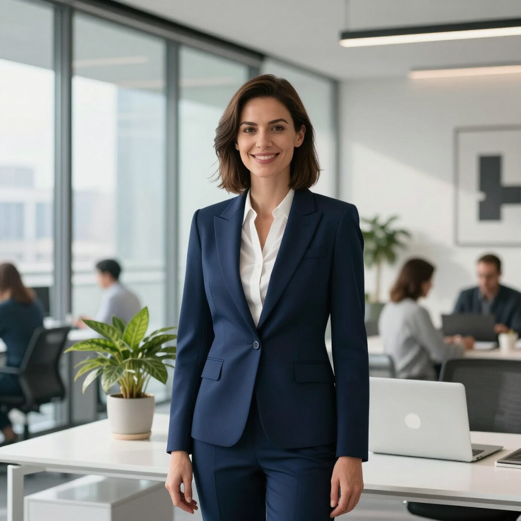 Professional woman in a navy suit standing in a modern office with coworkers and laptops in the background