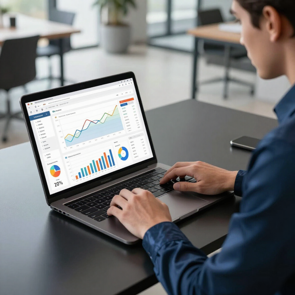Person working on a laptop with colorful charts and analytics graphs on screen in a modern office
