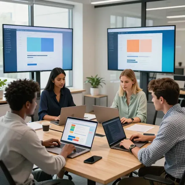 Team meeting around a table with laptops in a modern conference room, presentations on two wall screens.