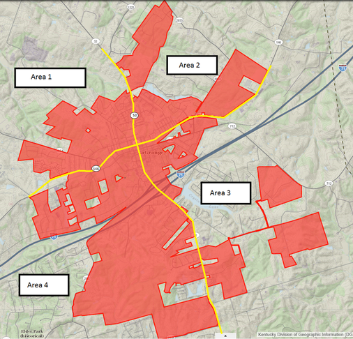 A map of a city showing areas 1 2 and 4